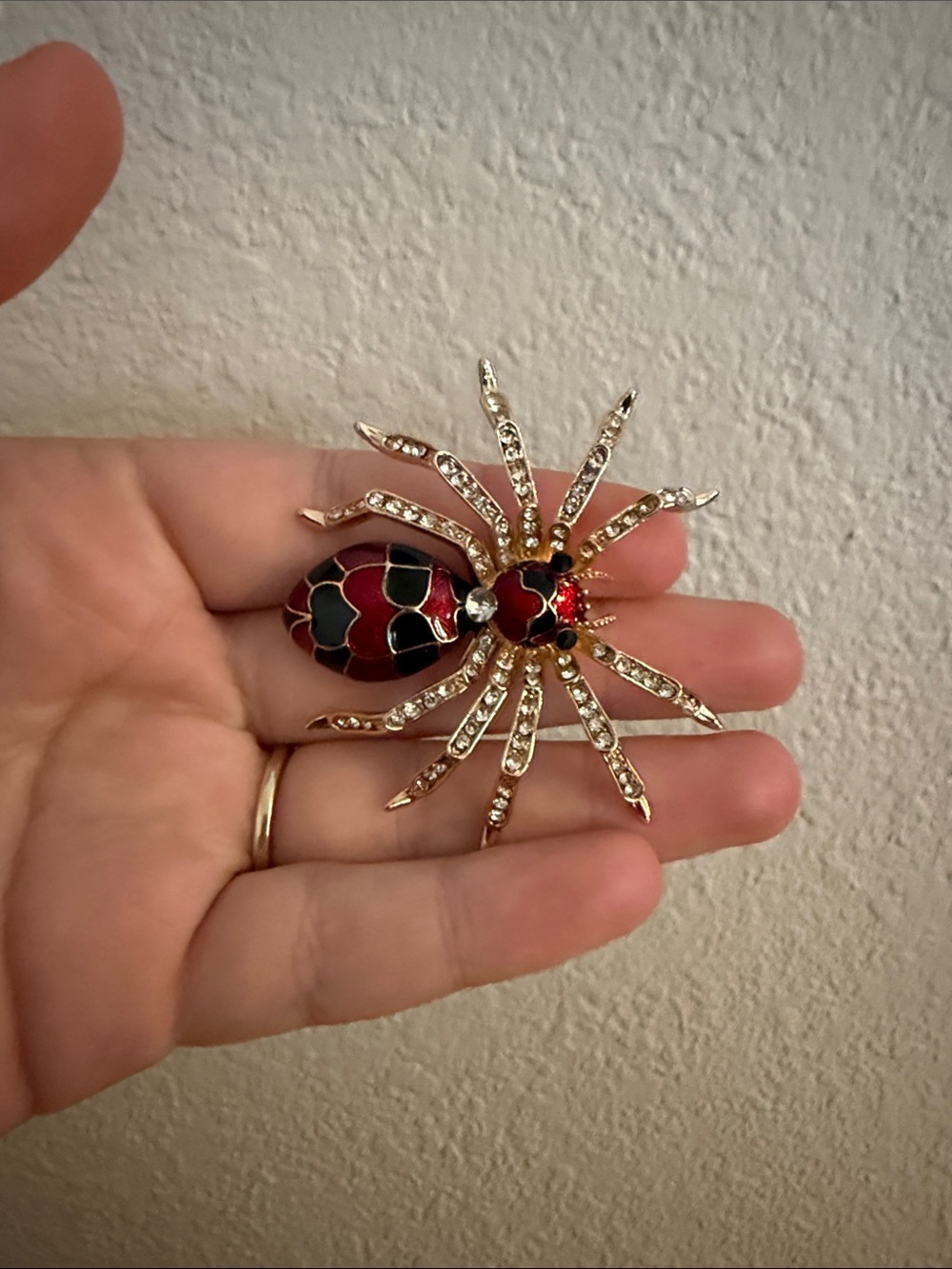 Red & Black Spider Brooch with Gold Tones